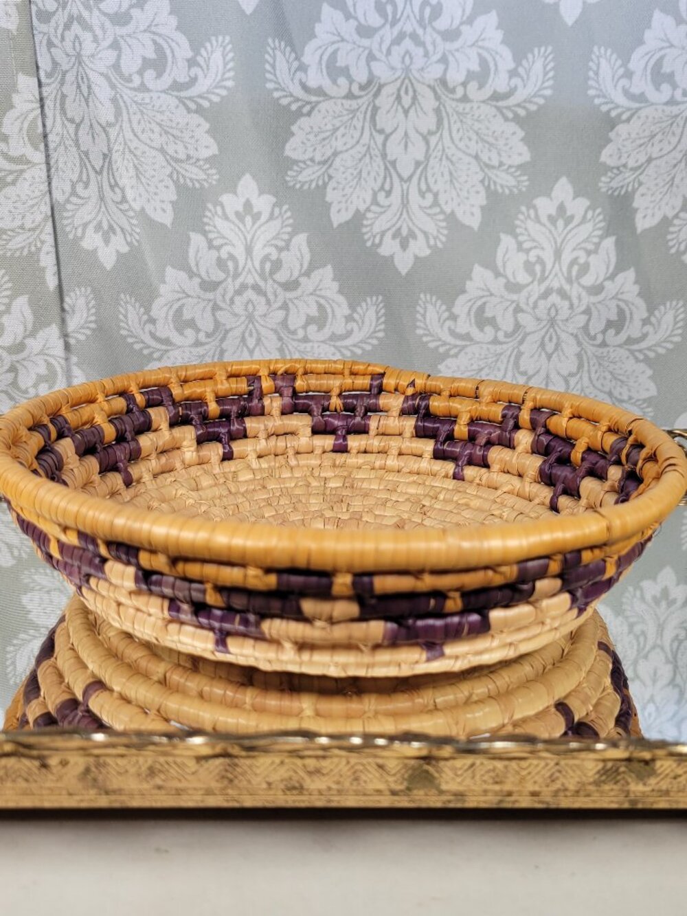 Vintage Open Coil Braided Woven Basket Southwestern Boho Steps Pattern Indigo Ye